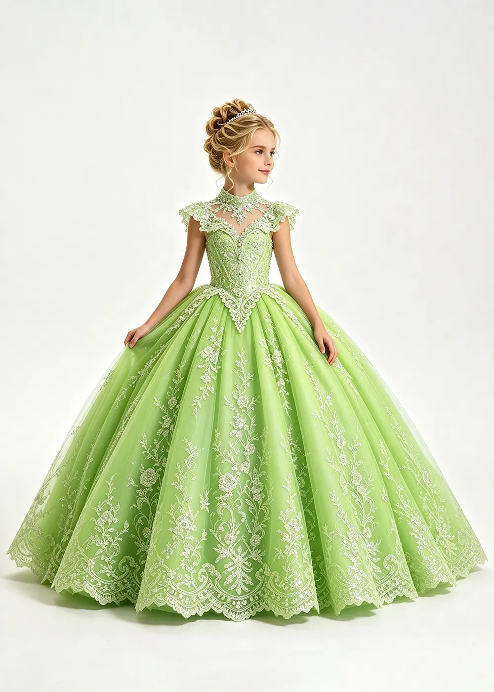 Pale Silver-Gray Blue Flower Girl Ball Gown with High Floral Collar