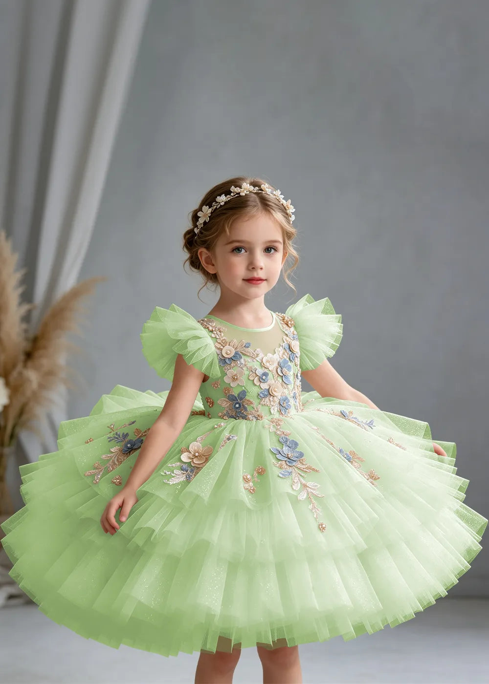 Flower girl dress in Light Green, front view.
