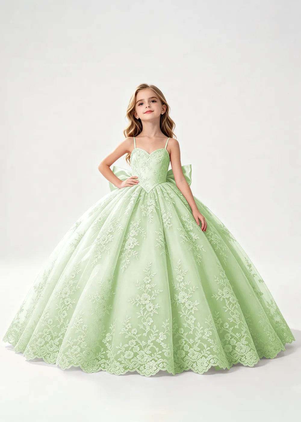 Flower girl dress in Light Green, front view.