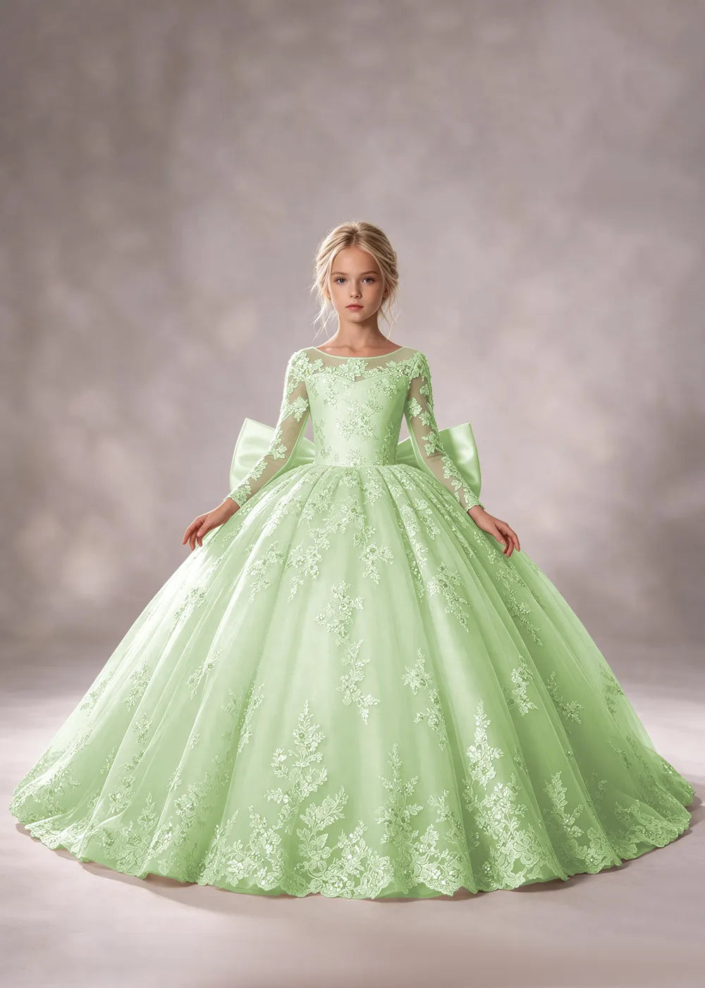 Flower girl dress in Light Green, front view.