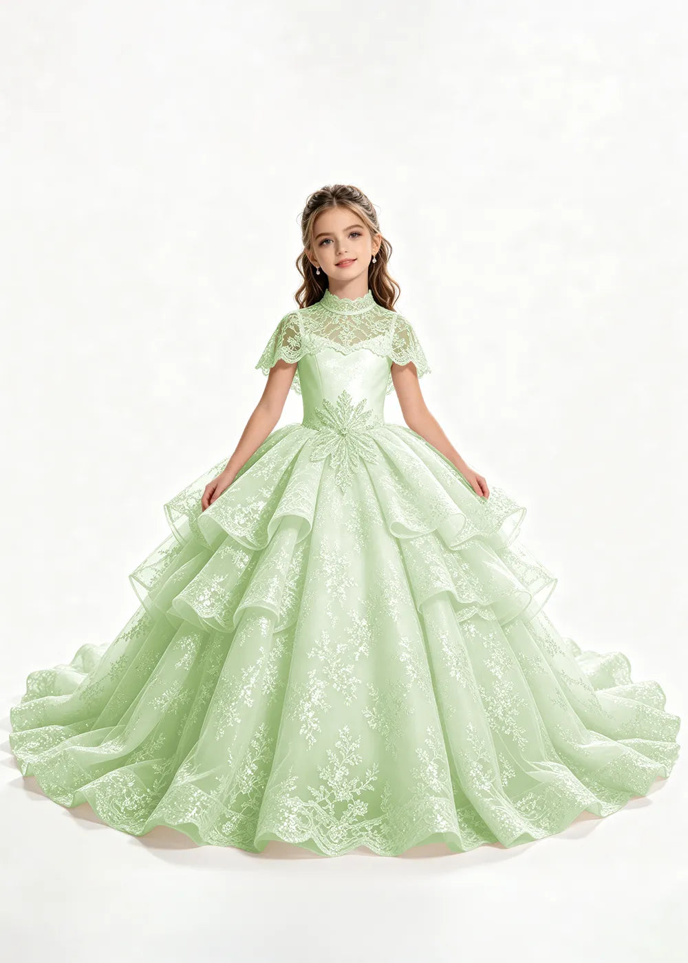 Flower girl dress in Light Green, front view.