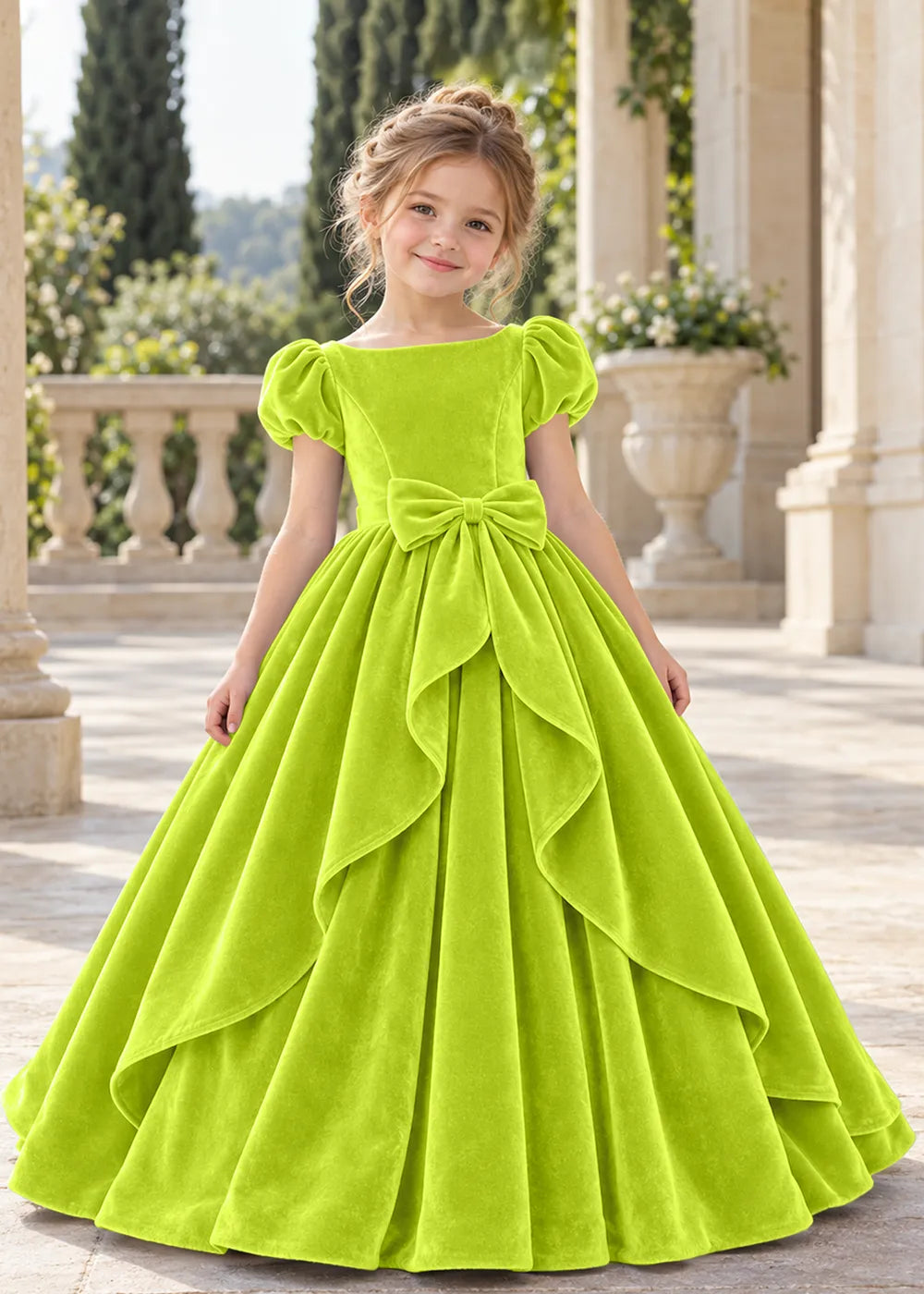 Front view of a child wearing a light green flower girl dress with a square neckline, short puff sleeves and a large velvet bow above a full tiered skirt.