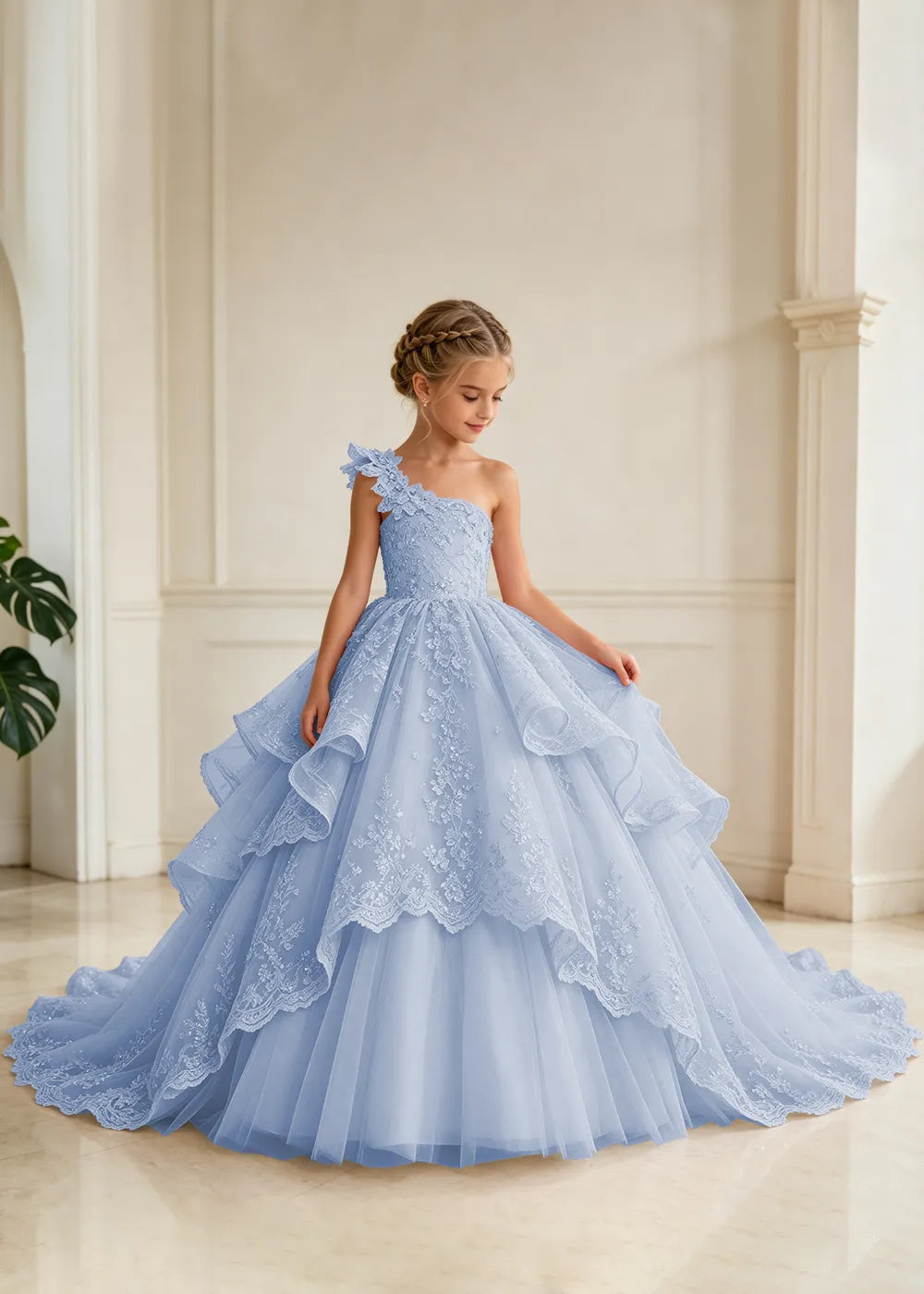 Floral Strap Tiered Lace Flower Girl Ball Gown Dress