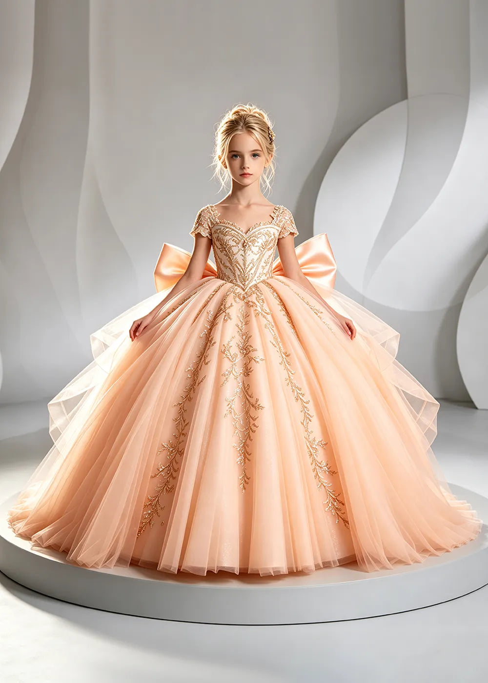 Cap Sleeve Sequin Bodice Flower Girl Dress with Bow and Gold Embroidery