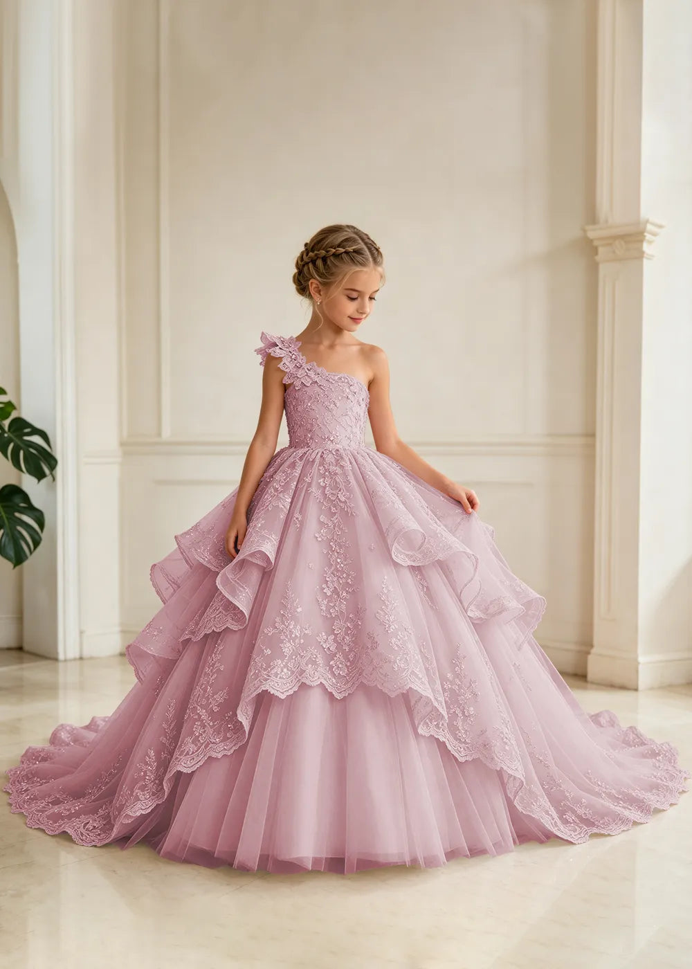 Floral Strap Tiered Lace Princess Dress for Girls