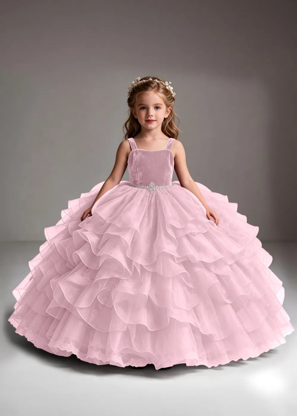 White Flower Girl Dress with Cascading Ruffles and a Square Neckline