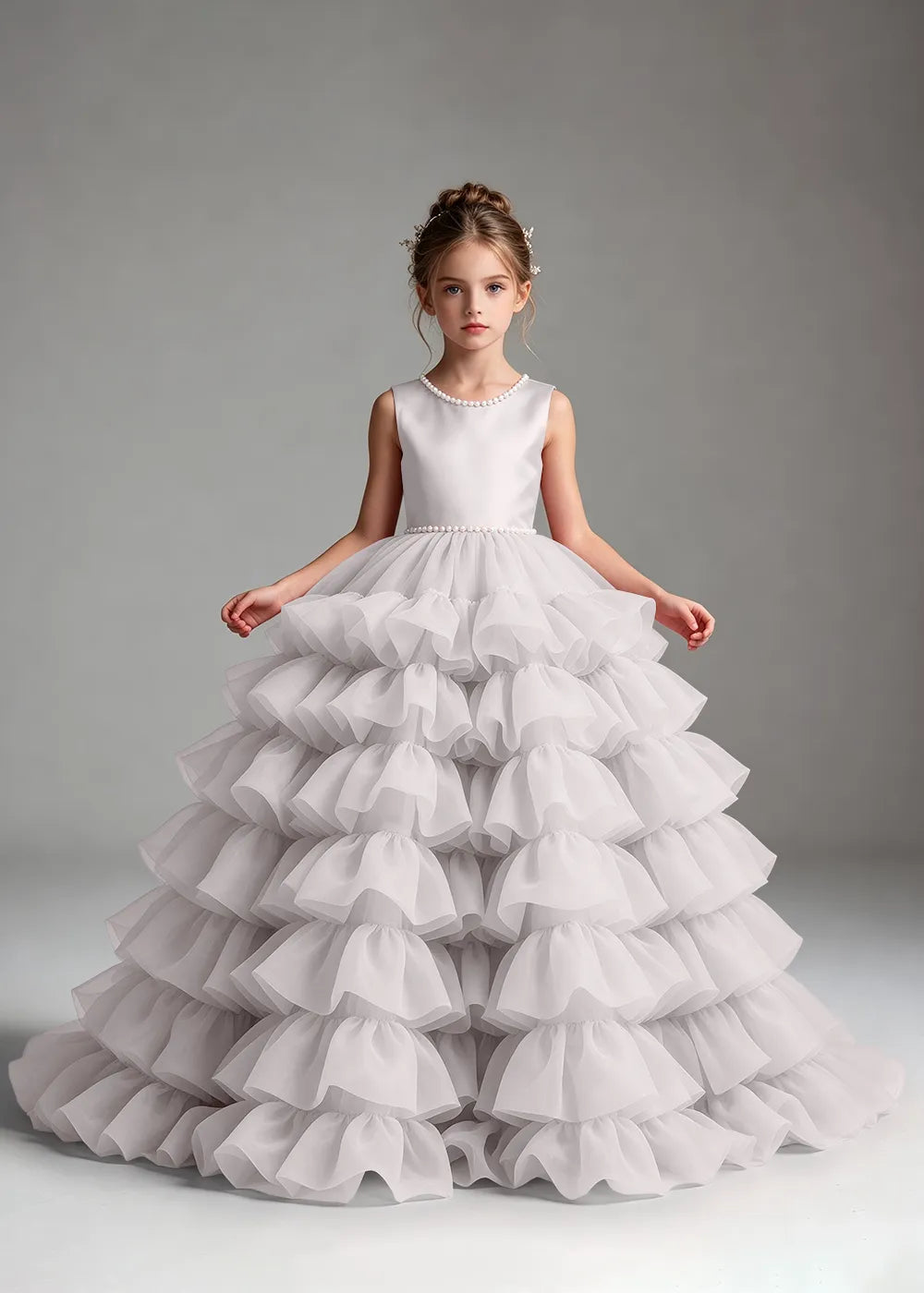 Pink Pearl-Trimmed Tiered Ruffle Flower Girl Dress