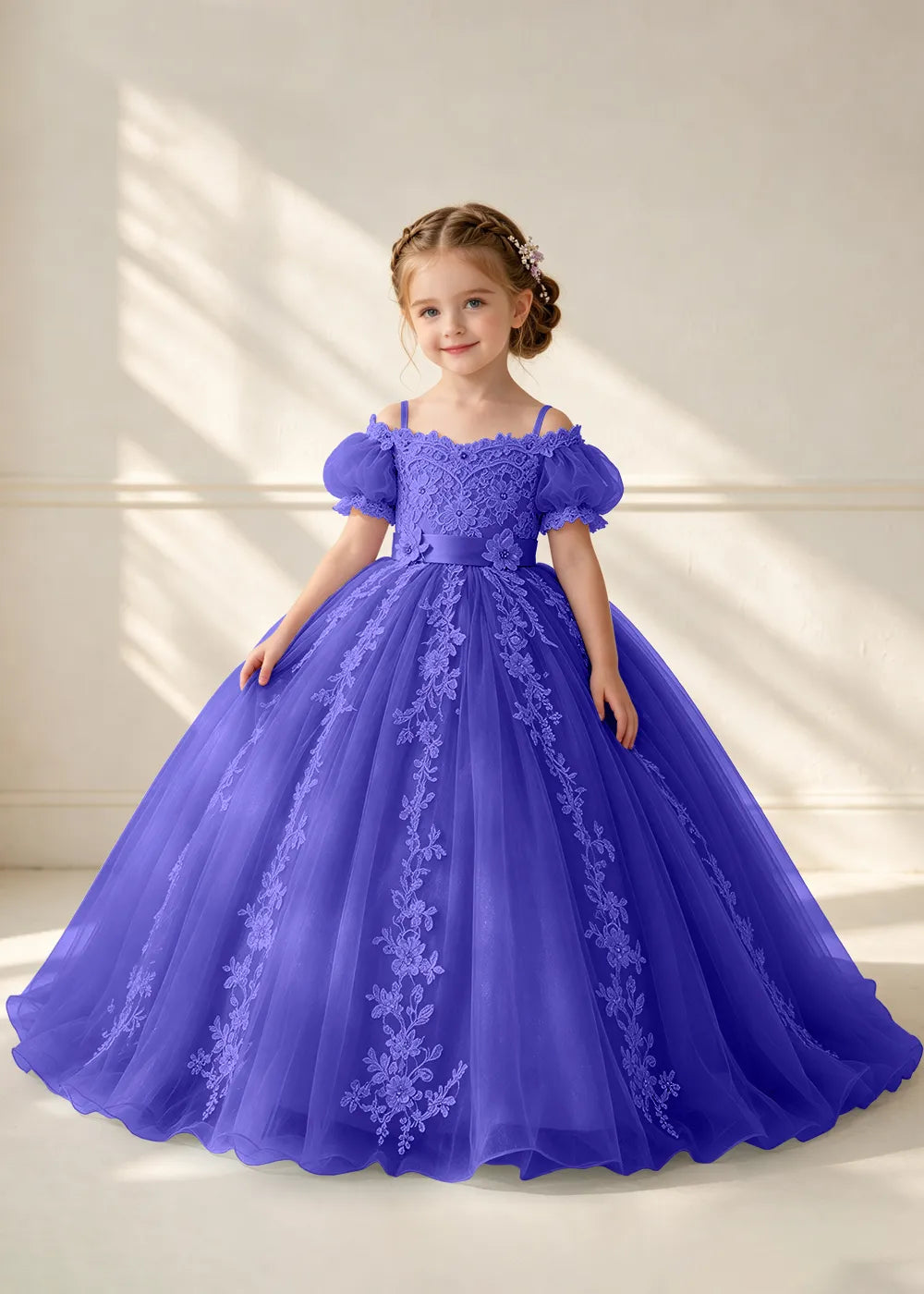 Puff Sleeve Floral Lace Princess Dress for Girls