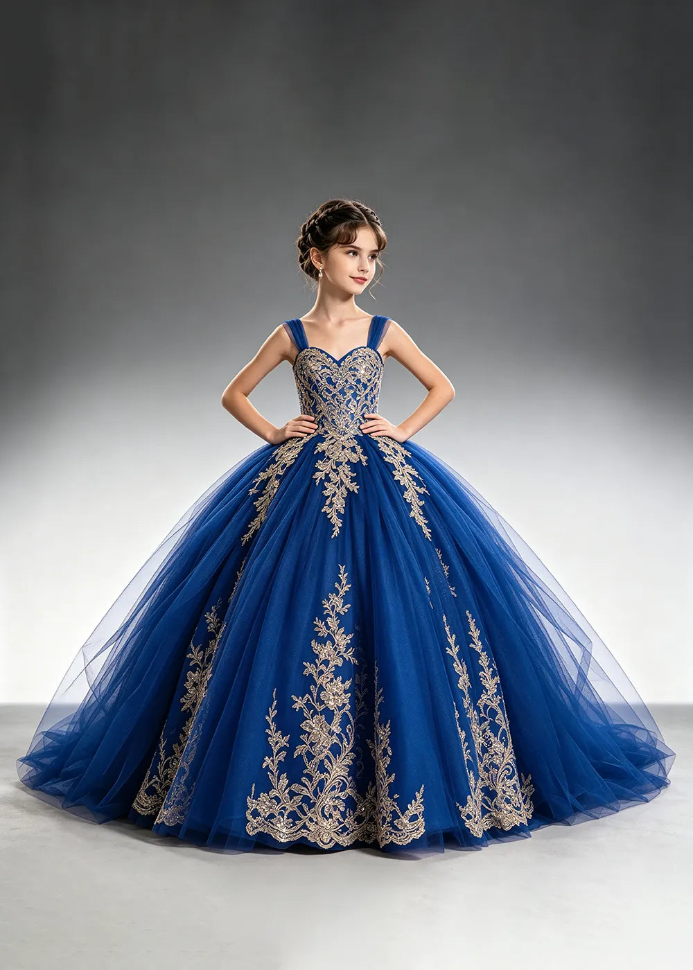 Metallic Appliqué Flower Girl Ball Gown Dress