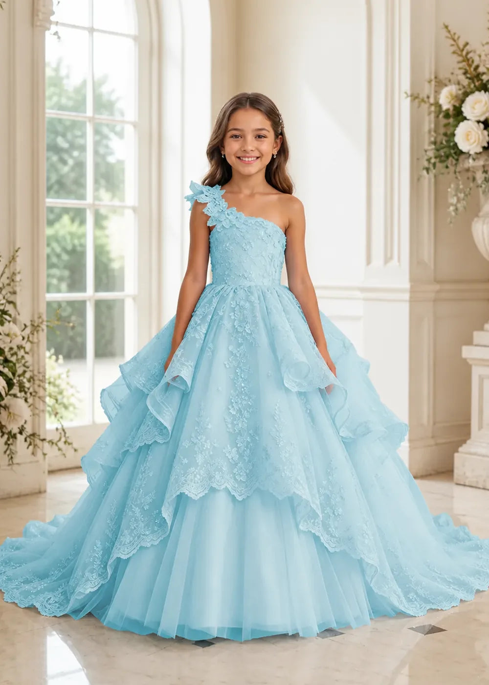 Floral Strap Tiered Lace Princess Dress for Girls