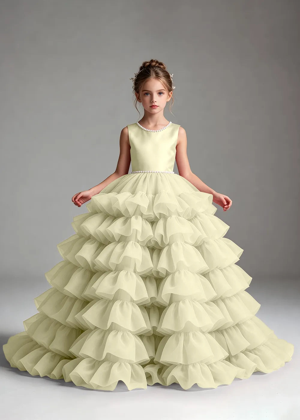 Pink Pearl-Trimmed Tiered Ruffle Flower Girl Dress