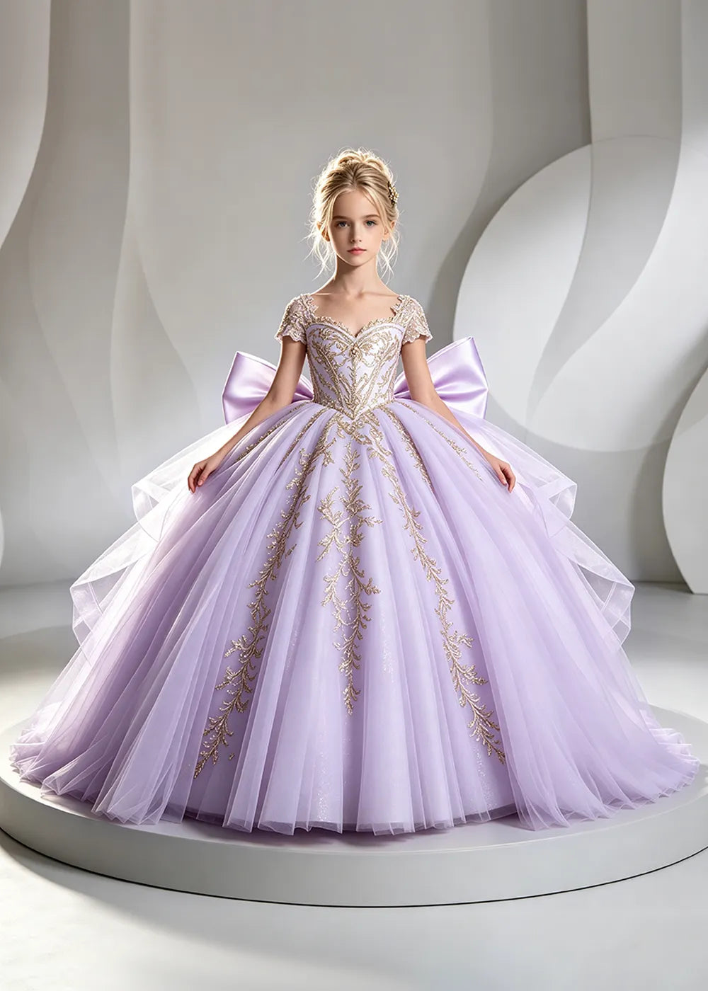 Cap Sleeve Sequin Bodice Flower Girl Dress with Bow and Gold Embroidery