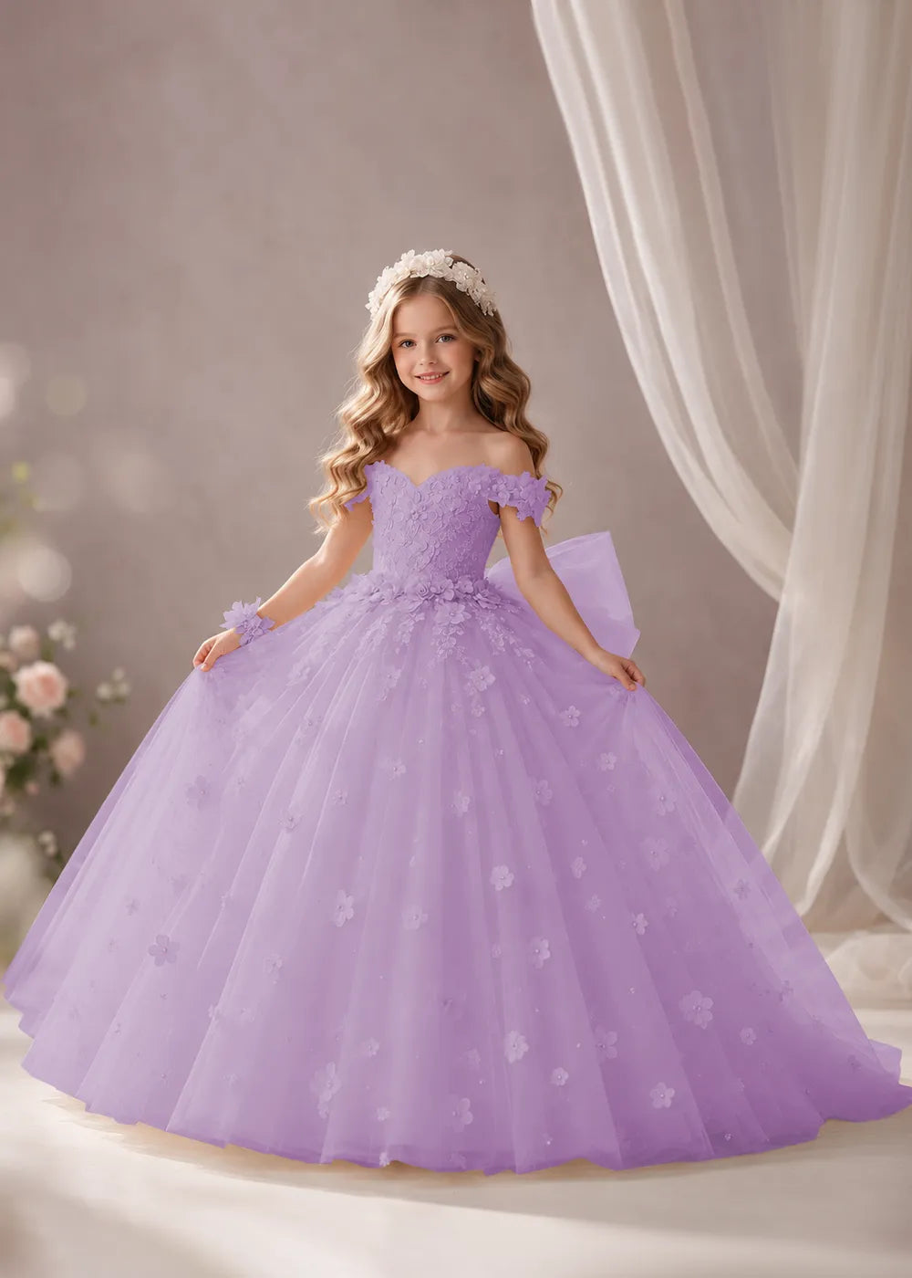 Pink Flower Girl Dress with Floral Appliques and a Full Skirt
