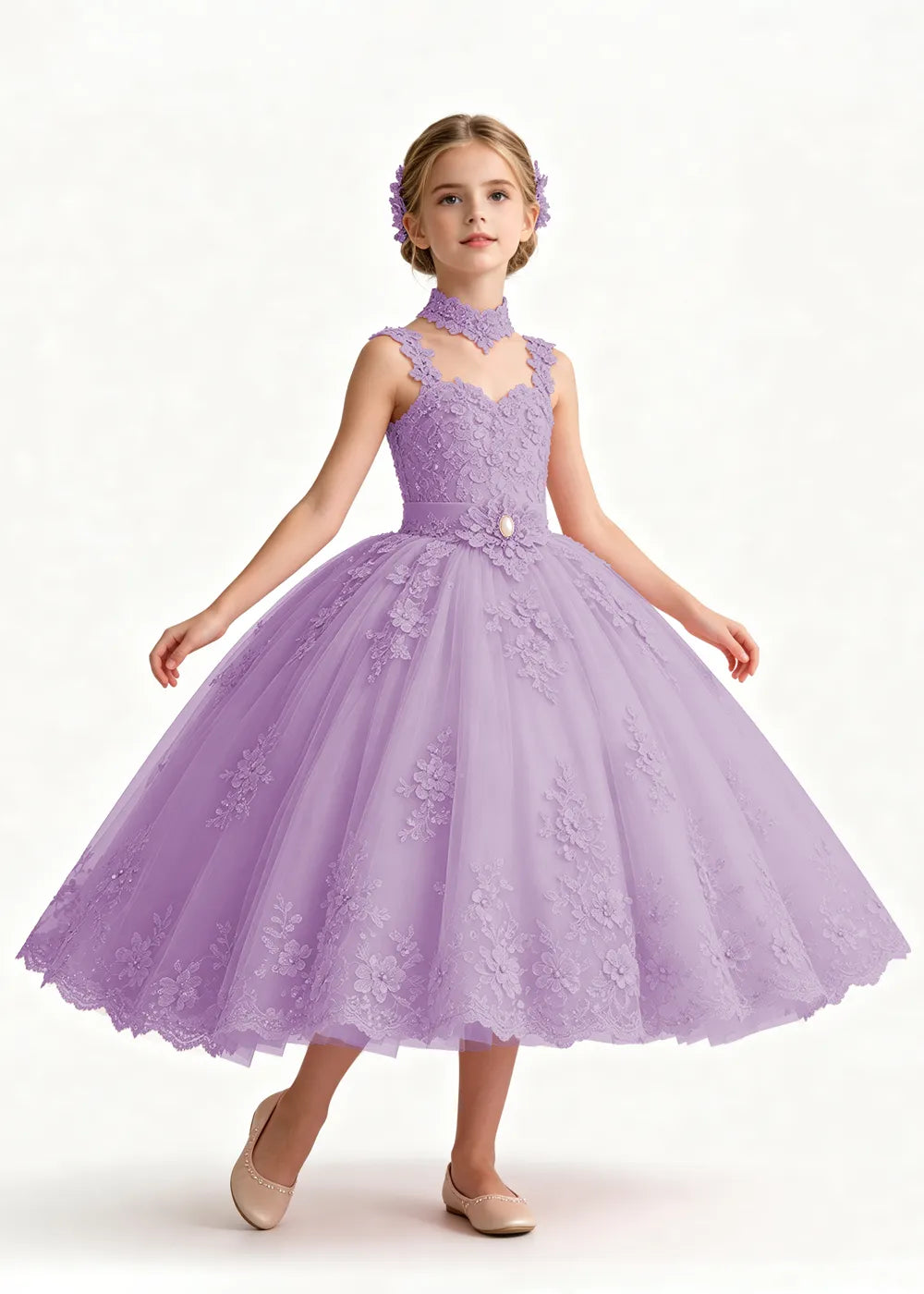 Pink Tea-Length Flower Girl Dress with Floral Neck Band