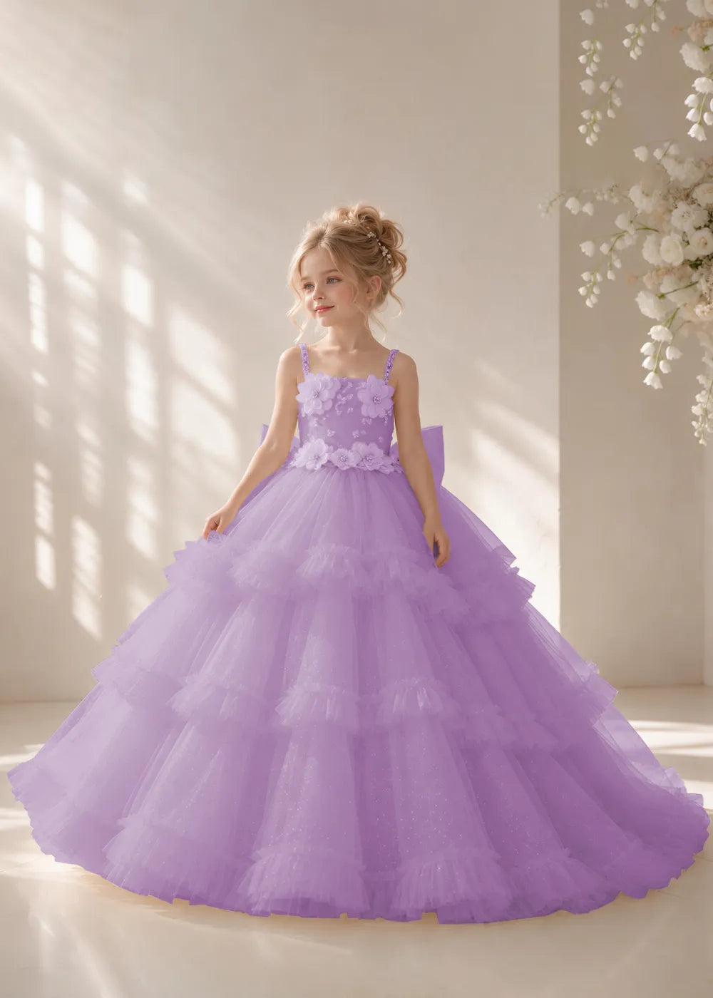 Front view of a child wearing a lilac flower girl dress with beaded spaghetti straps, a bodice covered in three-dimensional fabric flowers and a multi-tiered tulle skirt.