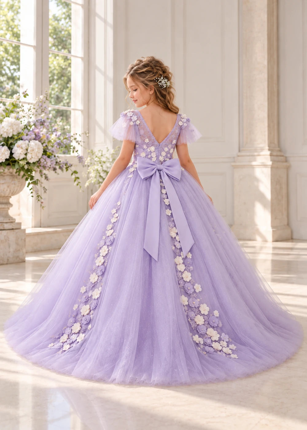 Rear view of a child wearing a lilac flower girl dress with a round neckline, sheer flutter cap sleeves and a floral vine cascading down both sides of a full tulle skirt.