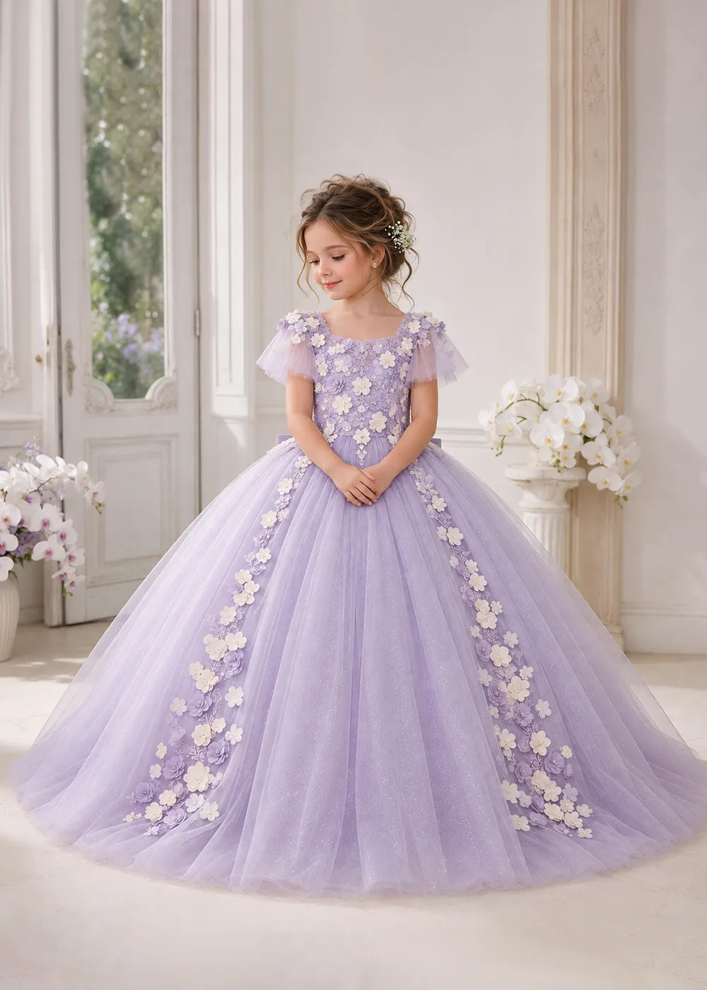 The three-quarter view of a child wearing a Lilac flower girl dress with a round neckline, sheer flutter cap sleeves and a floral vine cascading down both sides of a full tulle skirt.