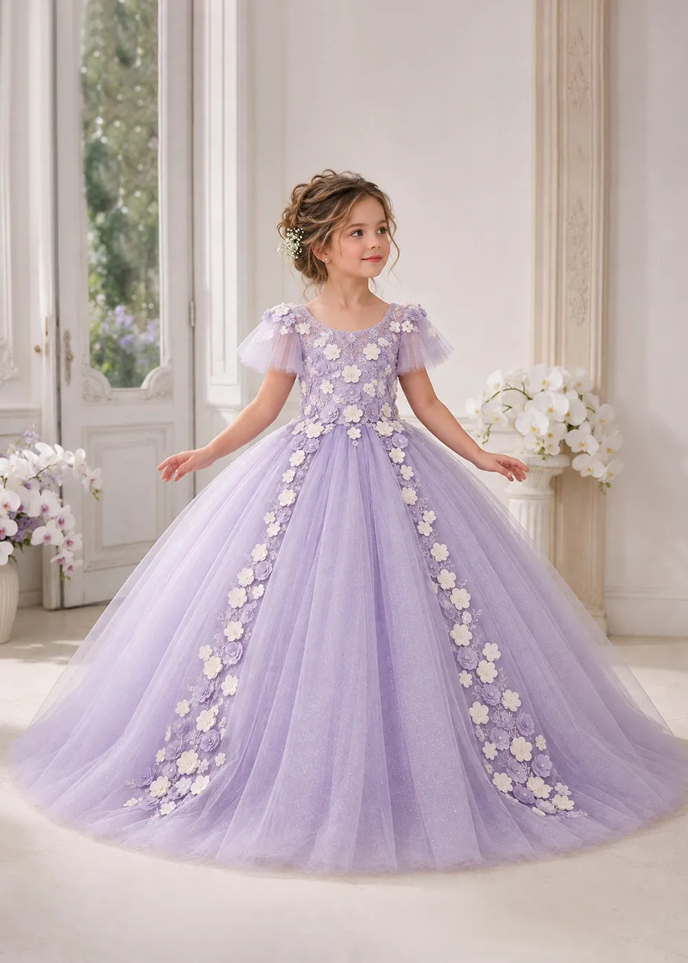 The front view of a child wearing a Lilac flower girl dress with a round neckline, sheer flutter cap sleeves and a floral vine cascading down both sides of a full tulle skirt.