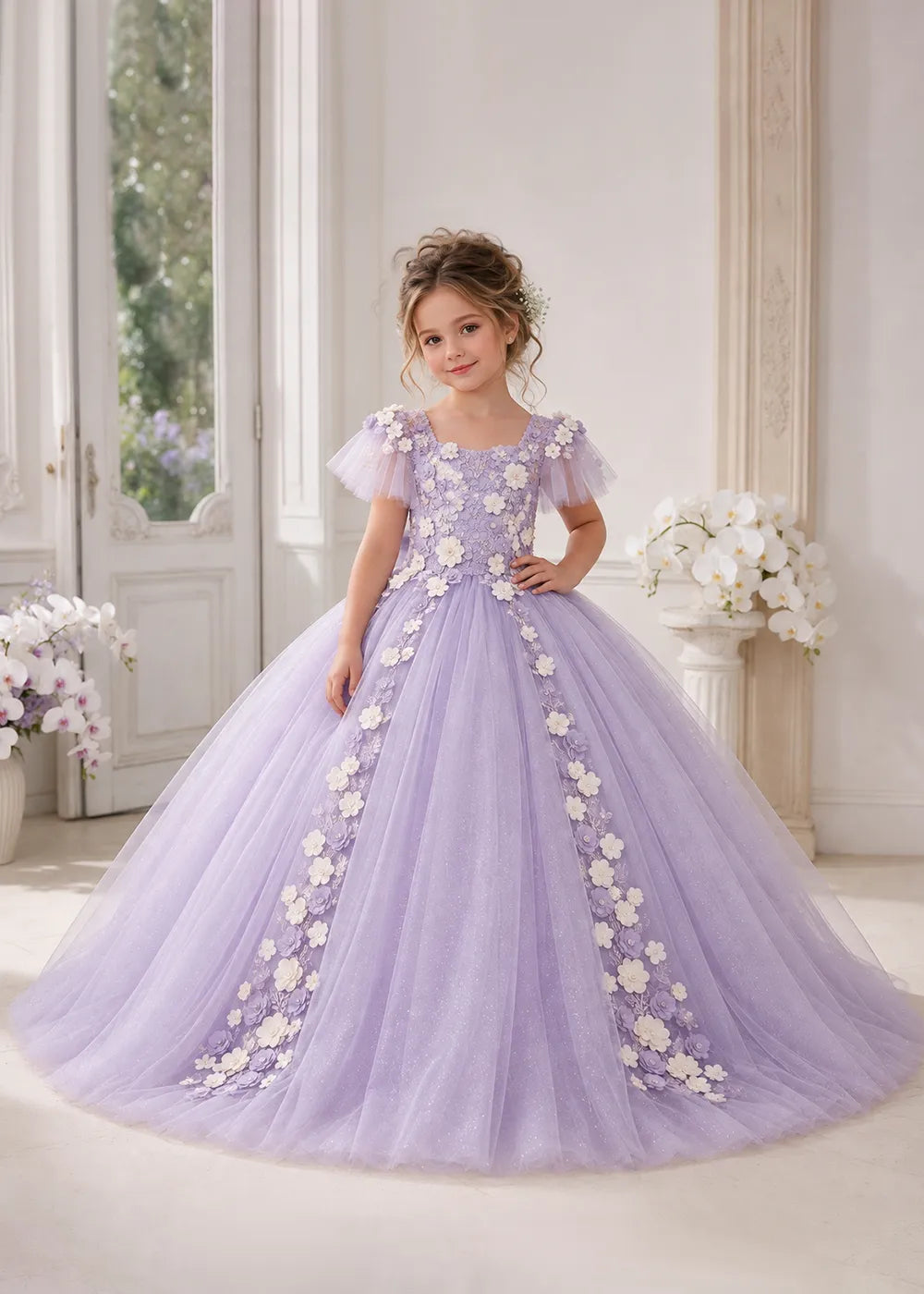 The front view of a child wearing a Lilac flower girl dress with a round neckline, sheer flutter cap sleeves and a floral vine cascading down both sides of a full tulle skirt.