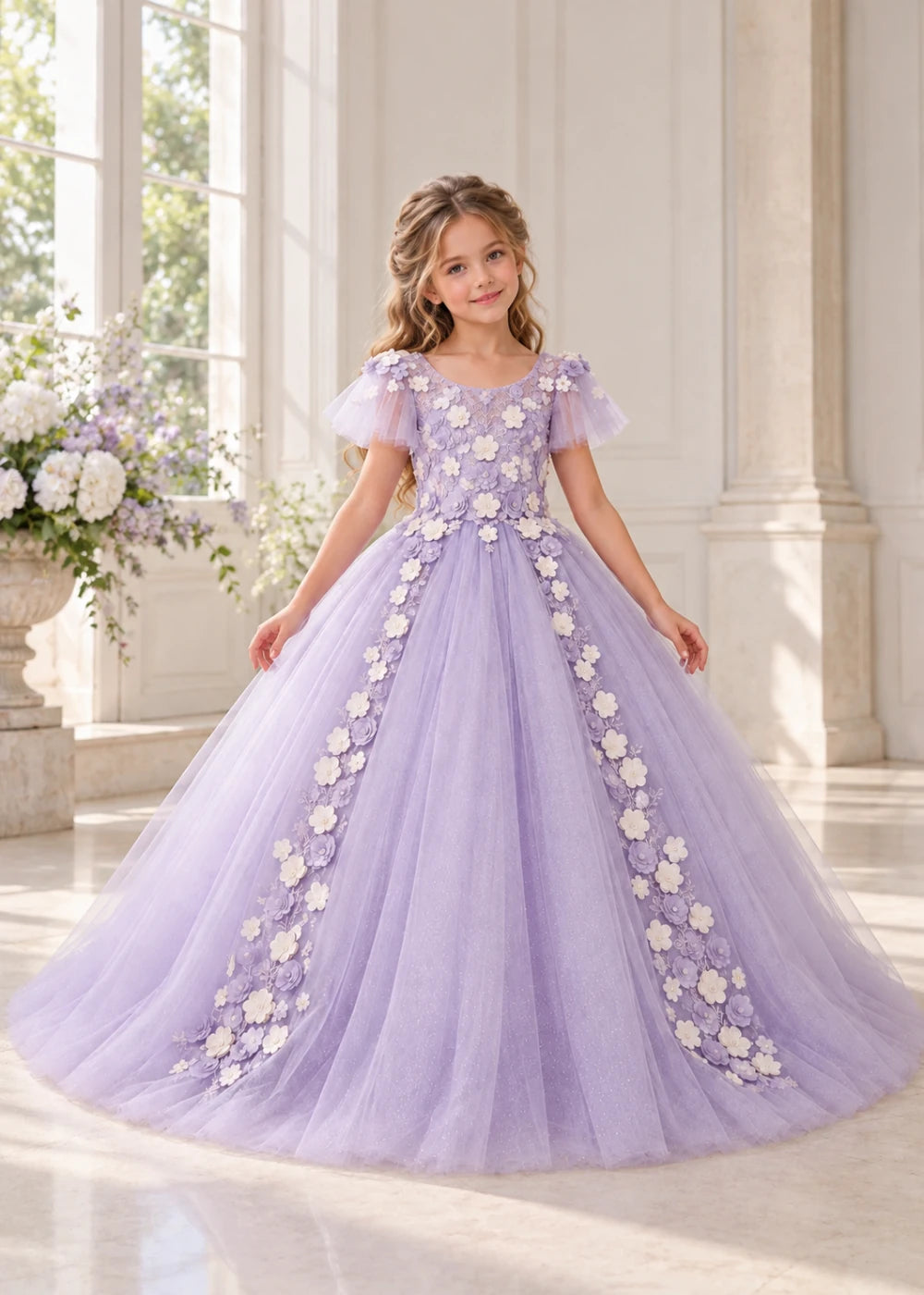 Front view of a child wearing a lilac flower girl dress with a round neckline, sheer flutter cap sleeves and a floral vine cascading down both sides of a full tulle skirt.