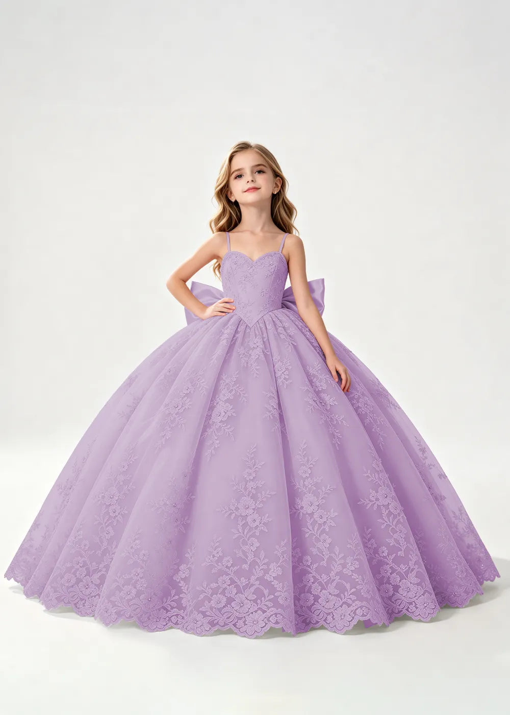 Flower girl dress in Lilac, front view.