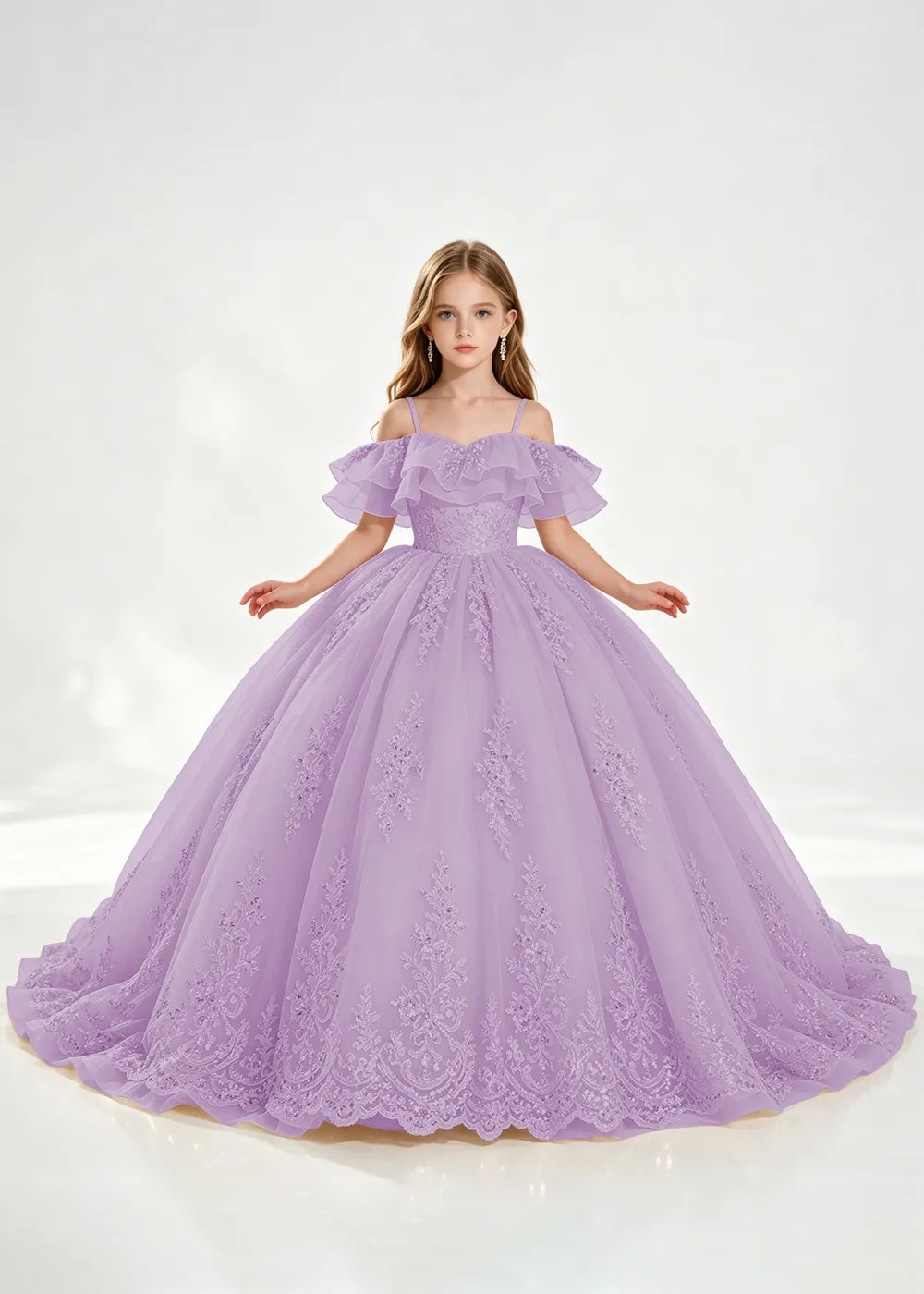 Champagne Off-Shoulder Lace-Hem Flower Girl Dress
