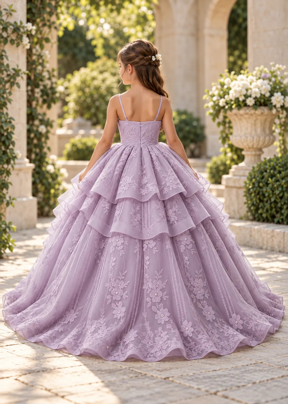 Flower girl dress in Lilac, back view.