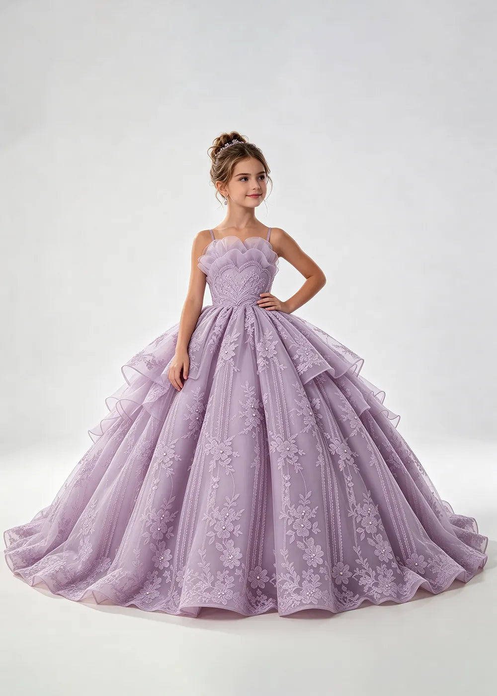 Flower girl dress in Lilac, front view.