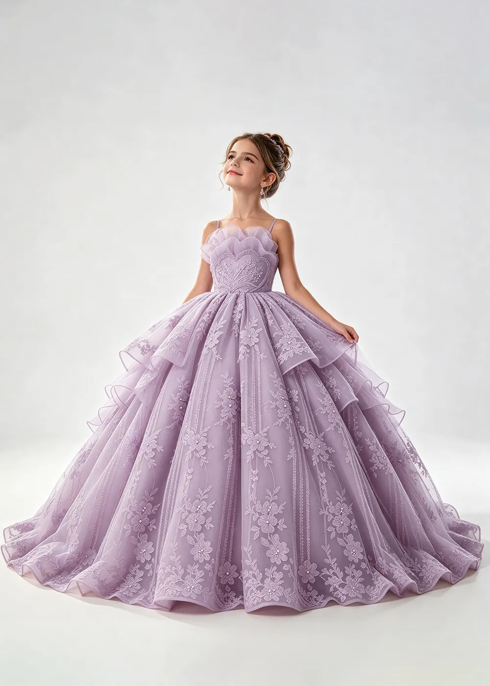 Flower girl dress in Lilac, front view.