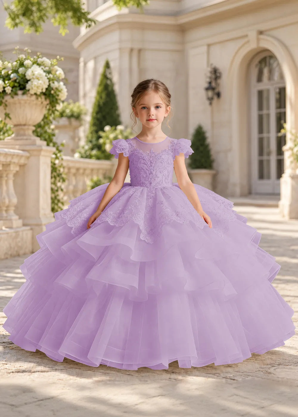 White Flower Girl Ball Gown with Scalloped Lace and Tiered Ruffles