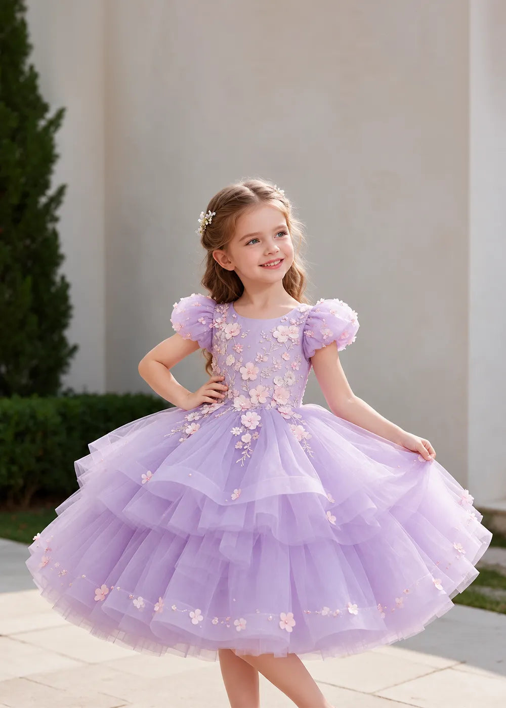 Lilac Puff-Sleeve Flower Girl Dress with Three-Tier Skirt