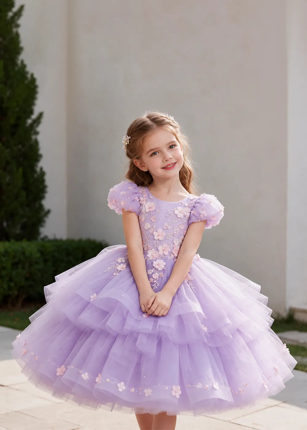 Lilac Puff-Sleeve Flower Girl Dress with Three-Tier Skirt