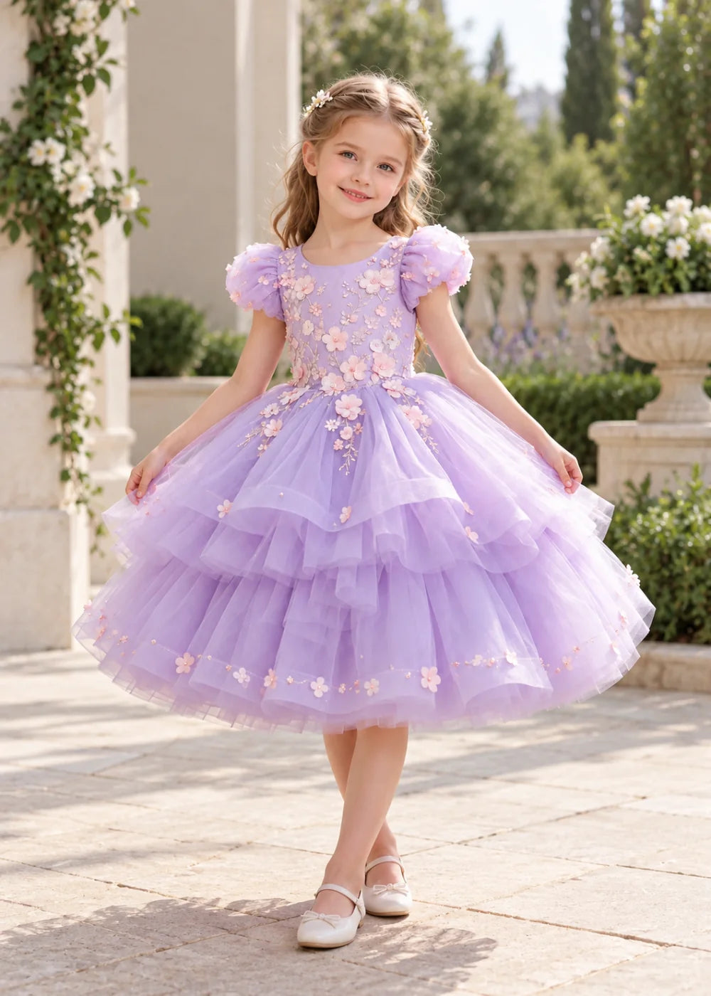 Lilac Puff-Sleeve Flower Girl Dress with Three-Tier Skirt