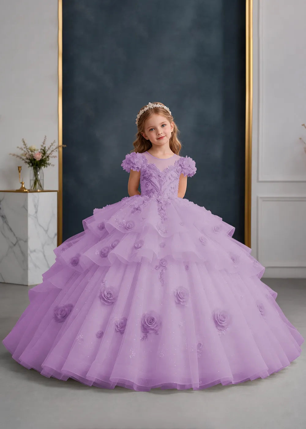 Pink Rose-Applique Flower Girl Ball Gown with Cascading Ruffles