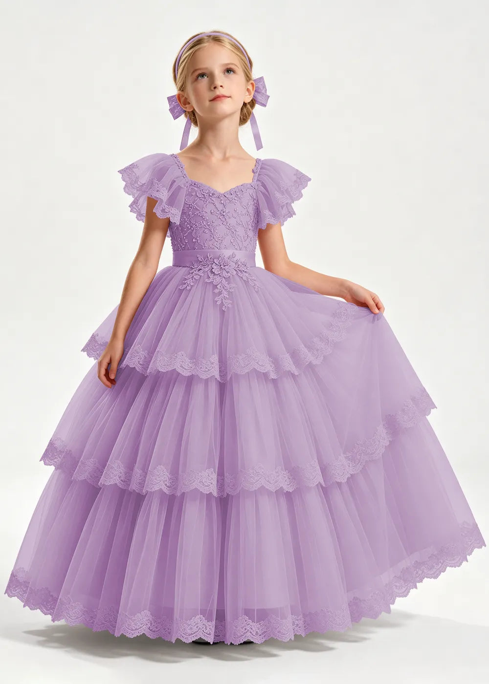 Warm Blush Pink Flower Girl Ball Gown with Three Lace-Edged Tiers