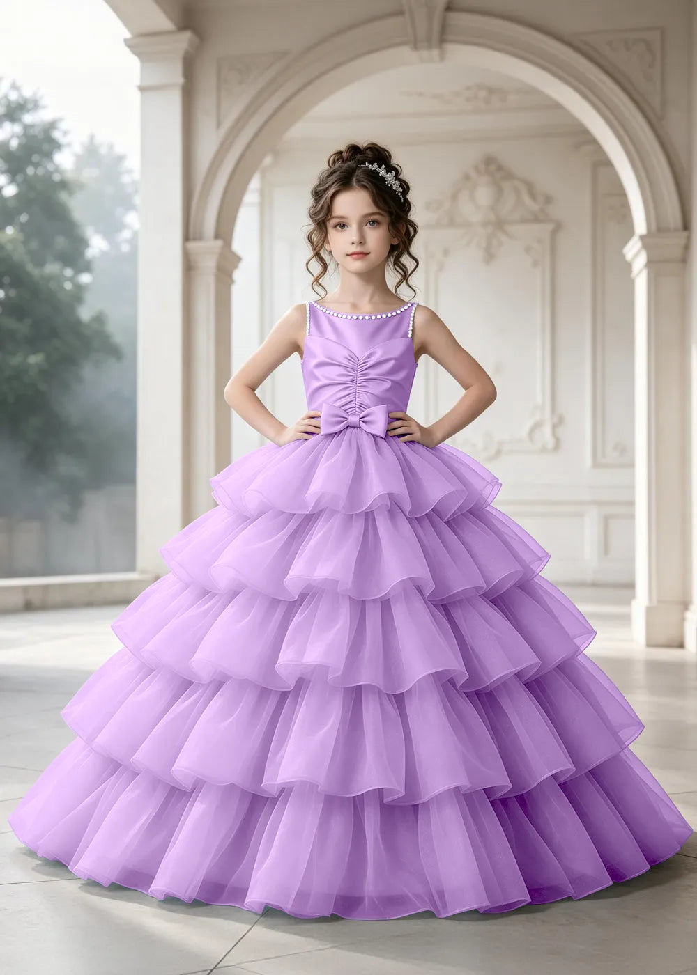 Flower girl dress in Lilac, front view.