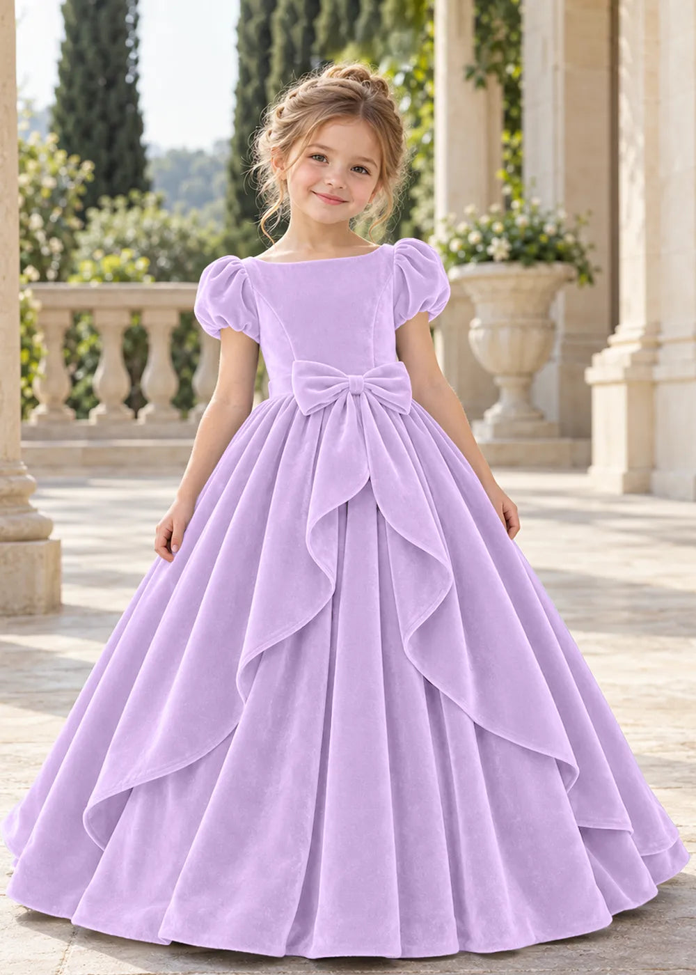 Front view of a child wearing a lilac flower girl dress with a square neckline, short puff sleeves and a large velvet bow above a full tiered skirt.