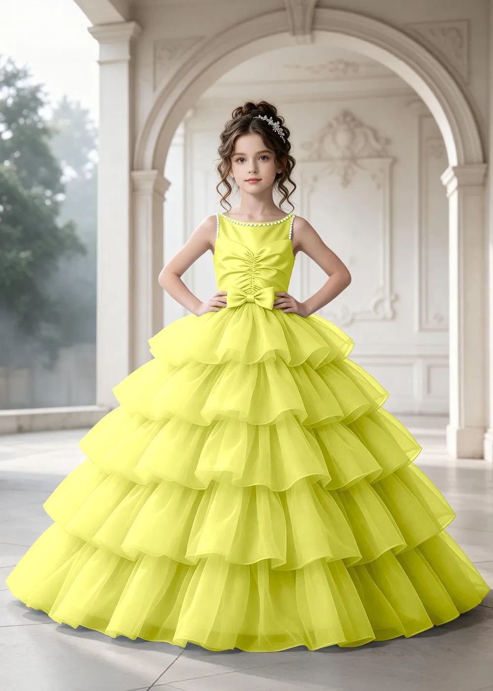 Flower girl dress in Lime Yellow, front view.