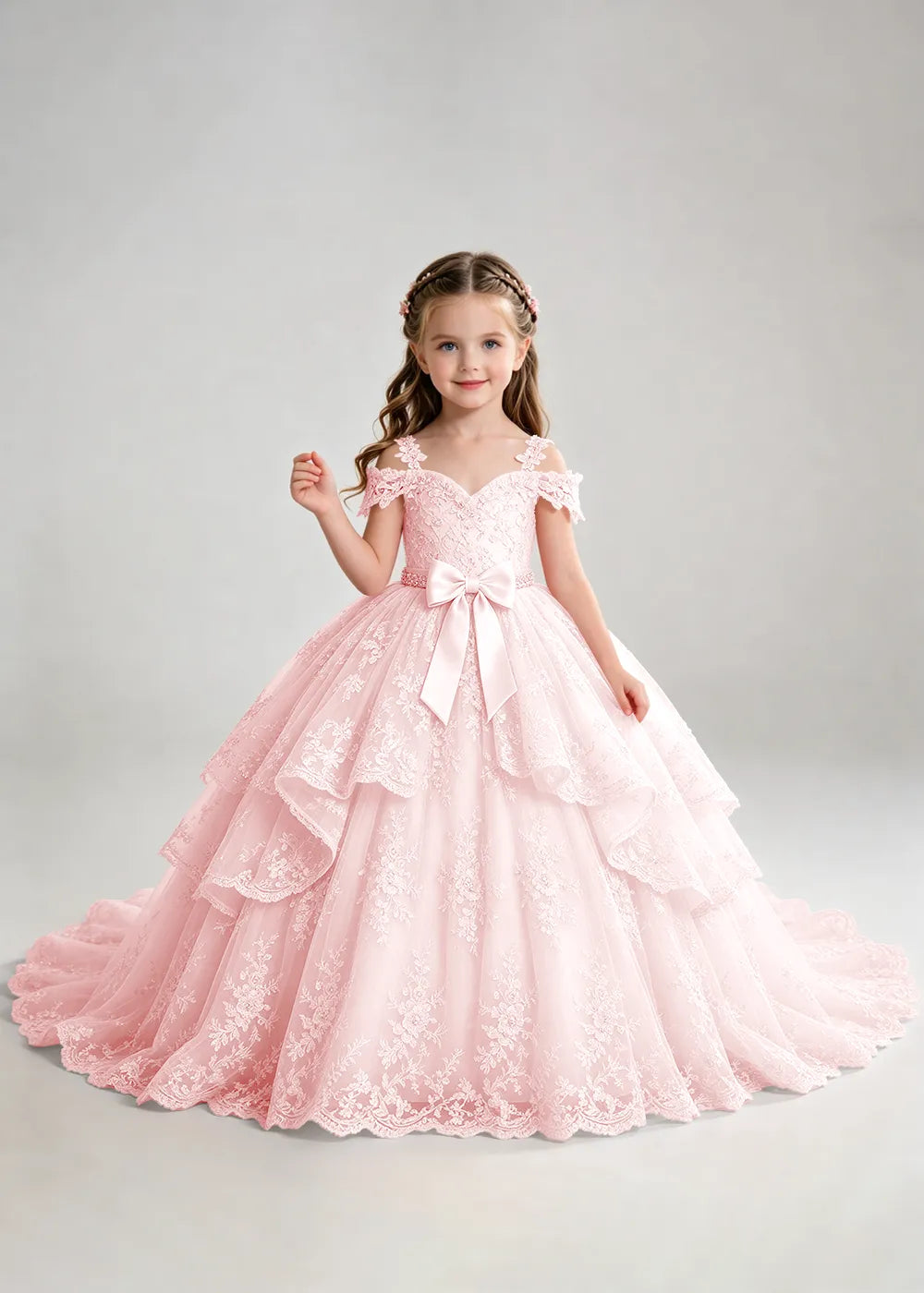 Bow Waist Floral Lace Flower Girl Ball Gown Dress