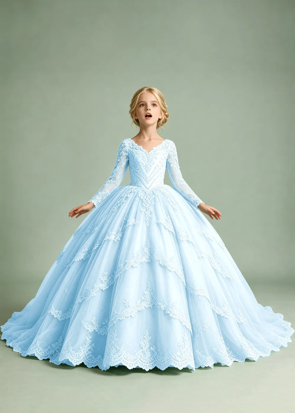 Long Sleeve Floral Lace Flower Girl Ball Gown Dress