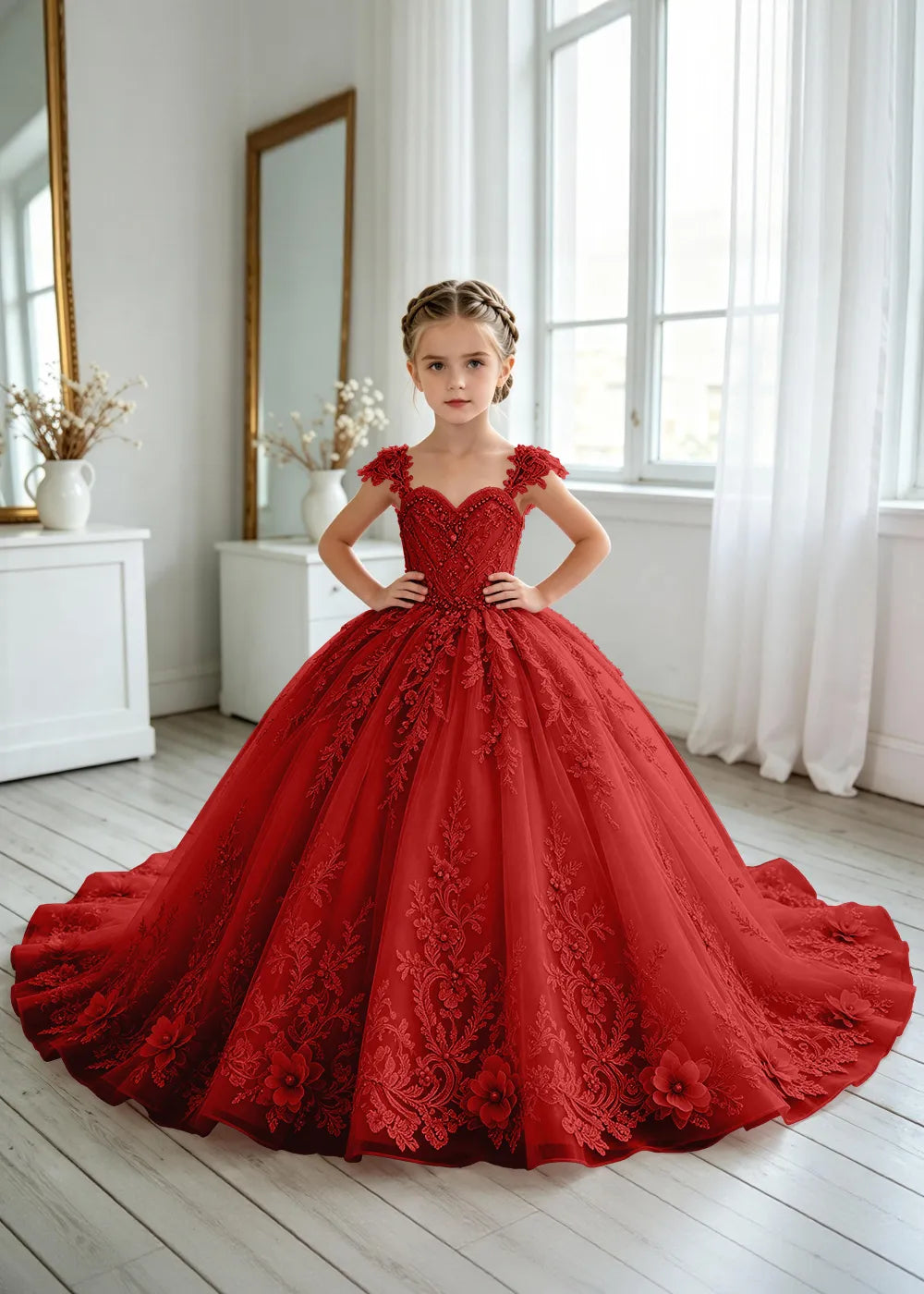 Floral V-Neck Lace Princess Dress for Girls