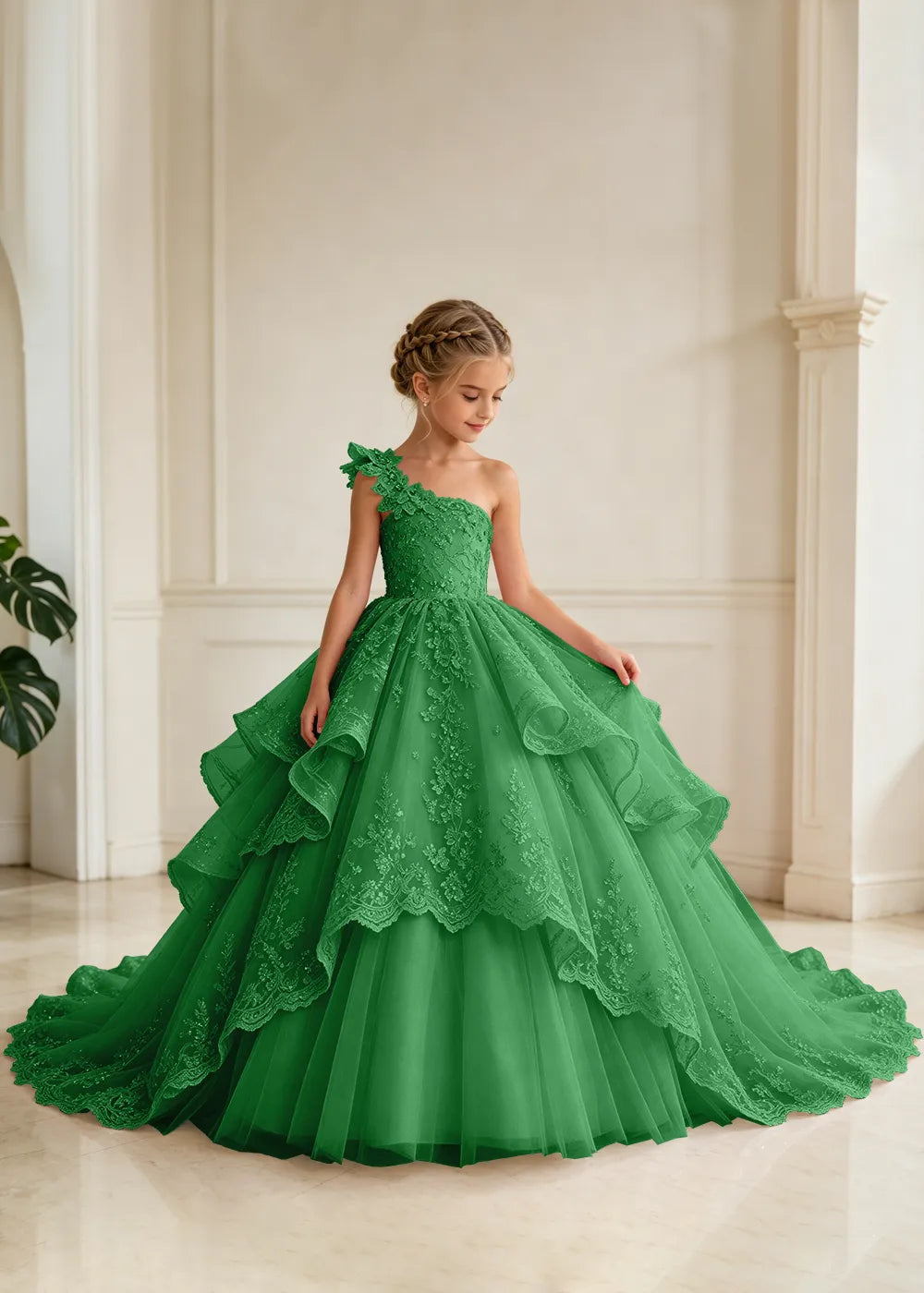 Floral Strap Tiered Lace Flower Girl Ball Gown Dress