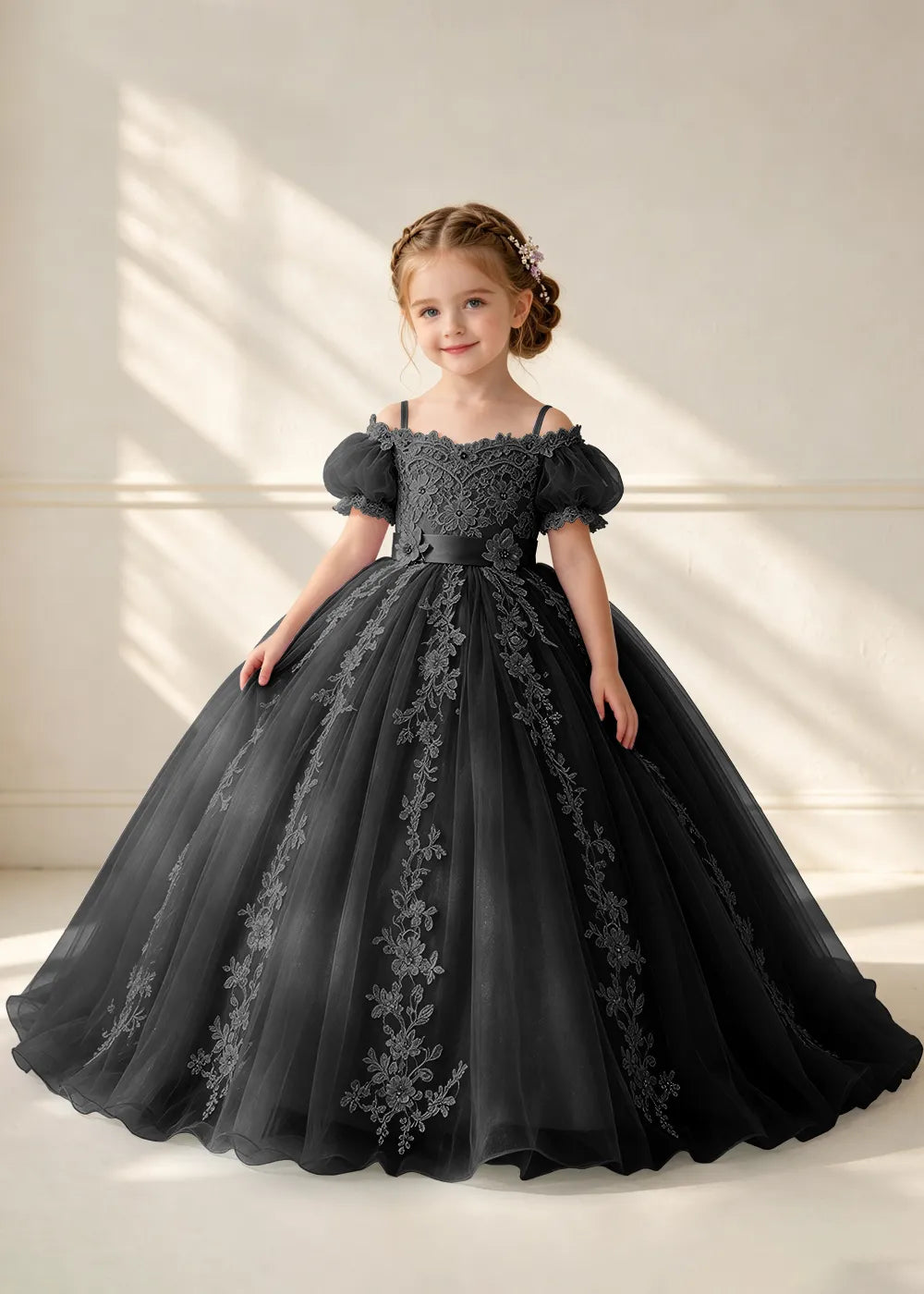 Puff Sleeve Floral Lace Princess Dress for Girls