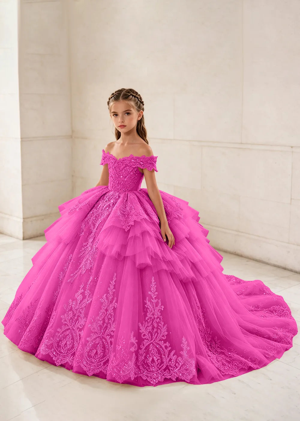 Ruffled Off Shoulder Lace Flower Girl Ball Gown Dress