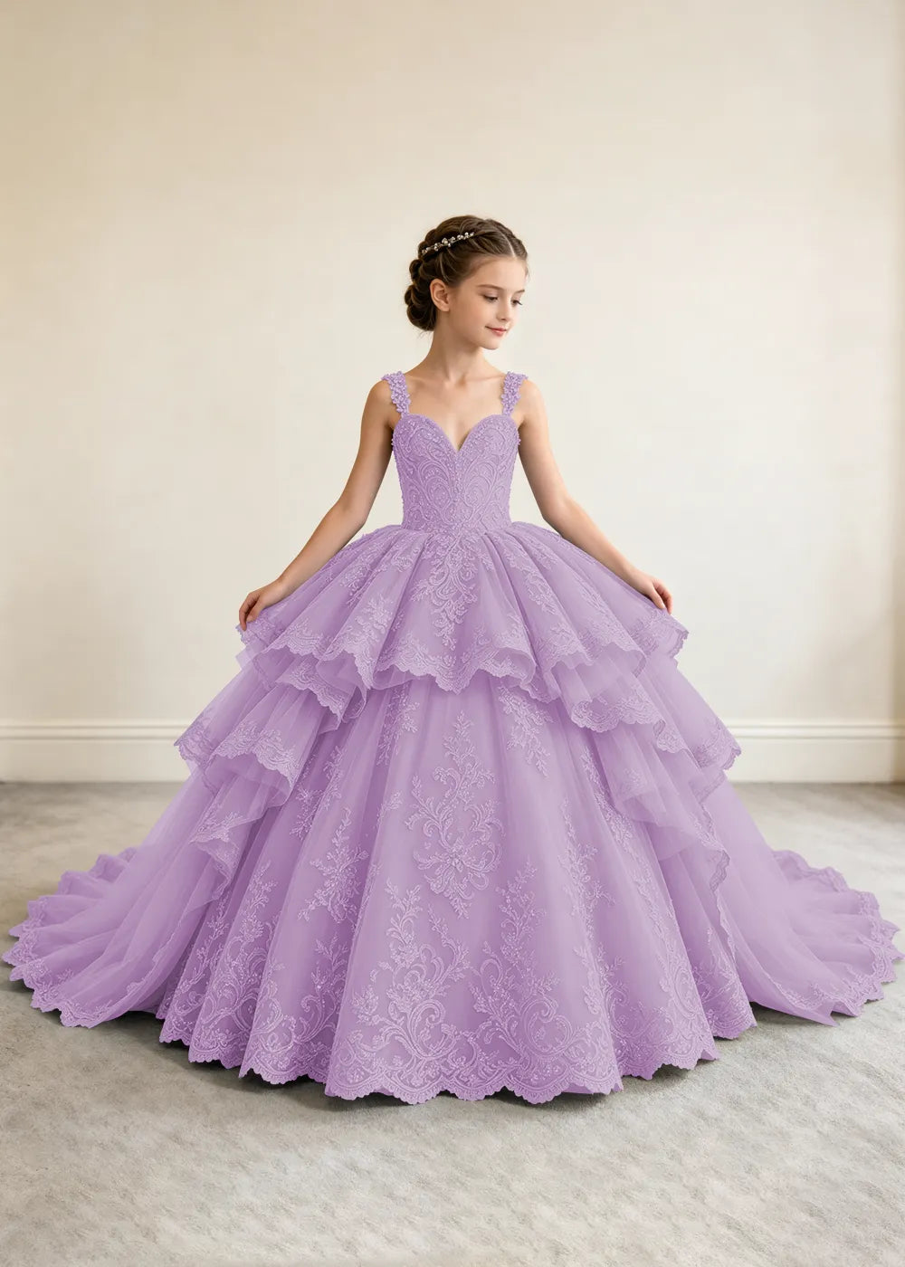 V-Neck Tiered Lace Flower Girl Ball Gown Dress