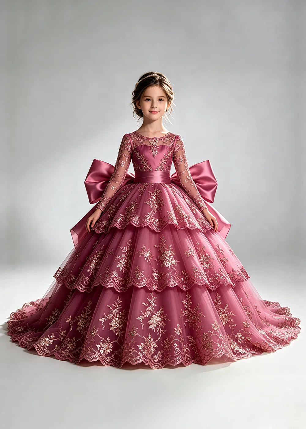 Long Sleeve Lace Flower Girl Dress with Sash Bow and Tiered Skirt