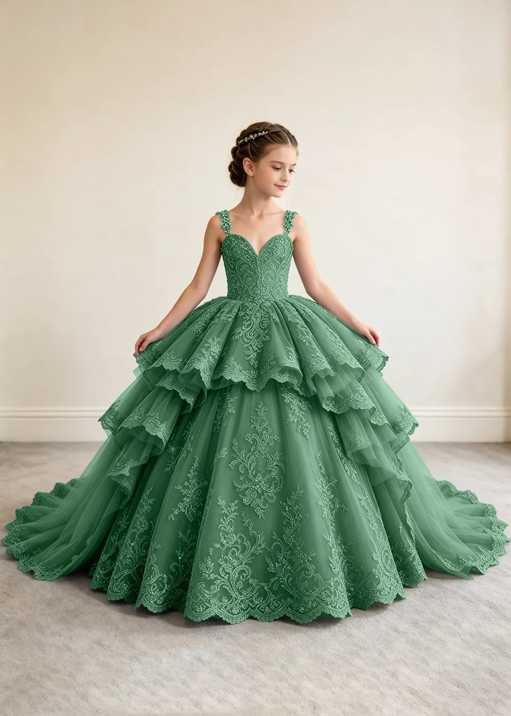 V-Neck Tiered Lace Flower Girl Ball Gown Dress