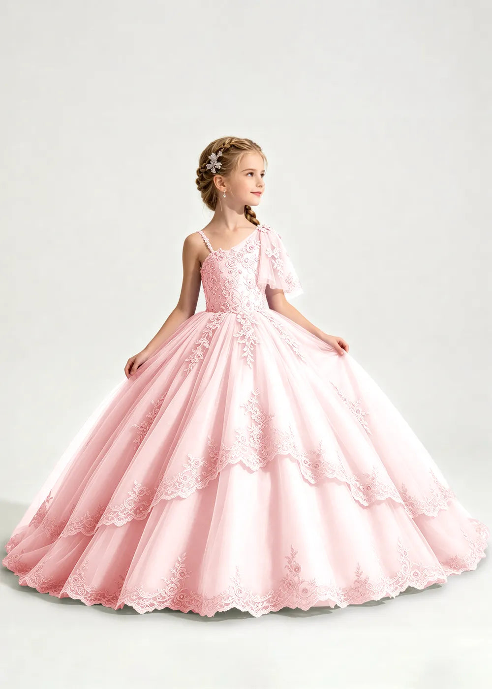 One-Shoulder Floral Lace Flower Girl Ball Gown Dress