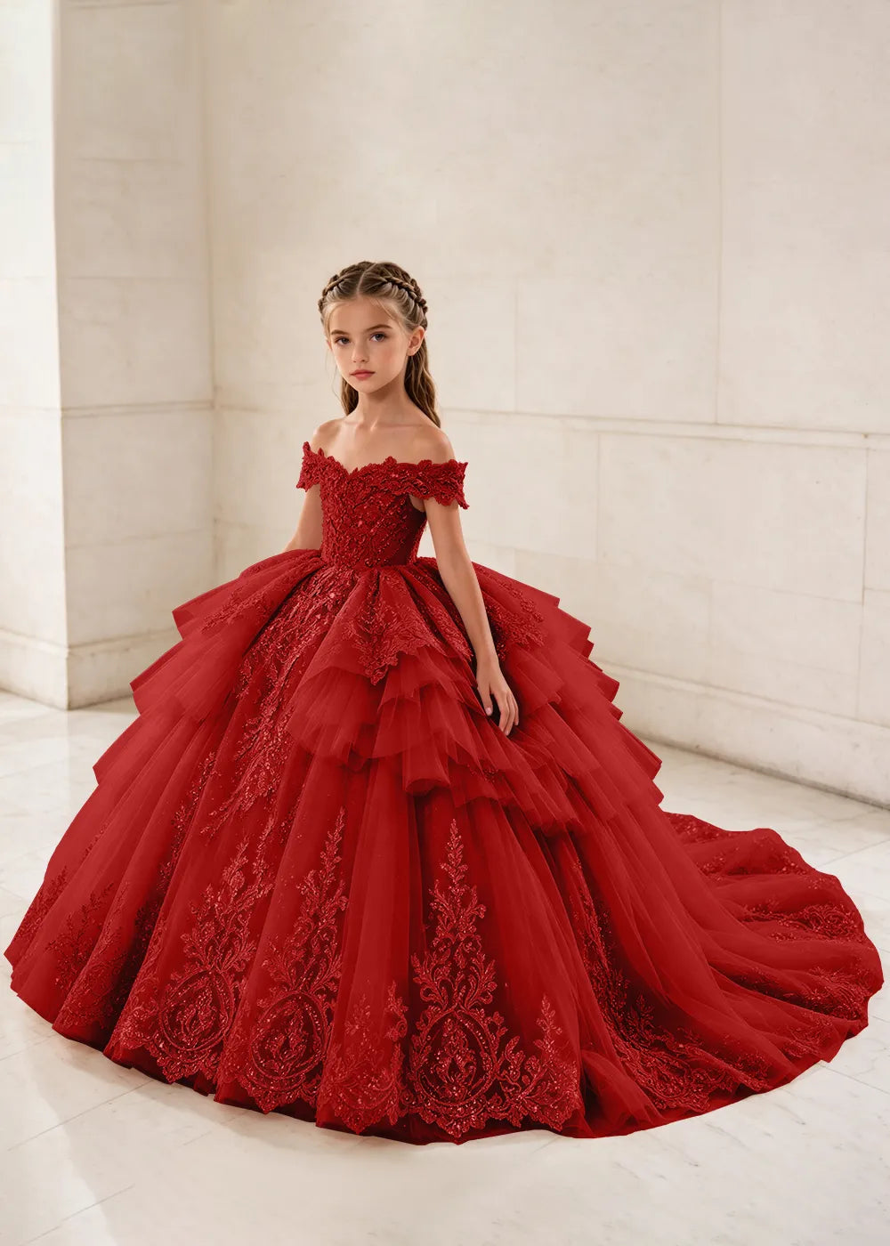 Ruffled Off Shoulder Lace Princess Dress for Girls