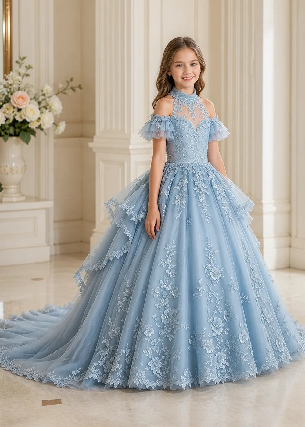 Illusion Neck Peplum Lace Flower Girl Ball Gown Dress